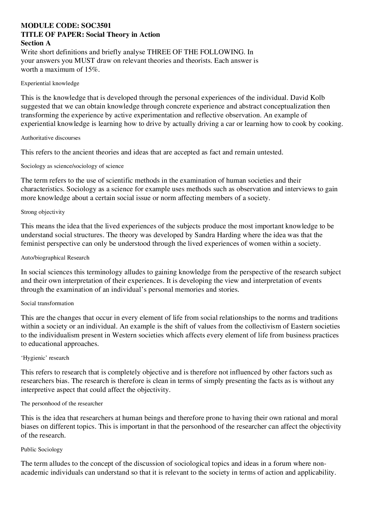 Preview image for University of Minnesota SOC3501 Social Theory In Action Quiz and Answers